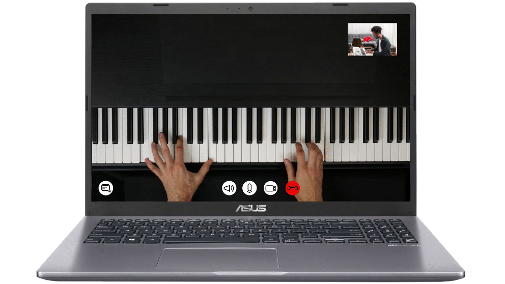 Computer showing a Skype music lesson with a view of the piano keyboard from above